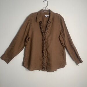 Chico’s Brown Ruffle-Trim Button Front Linen Top Size 2
